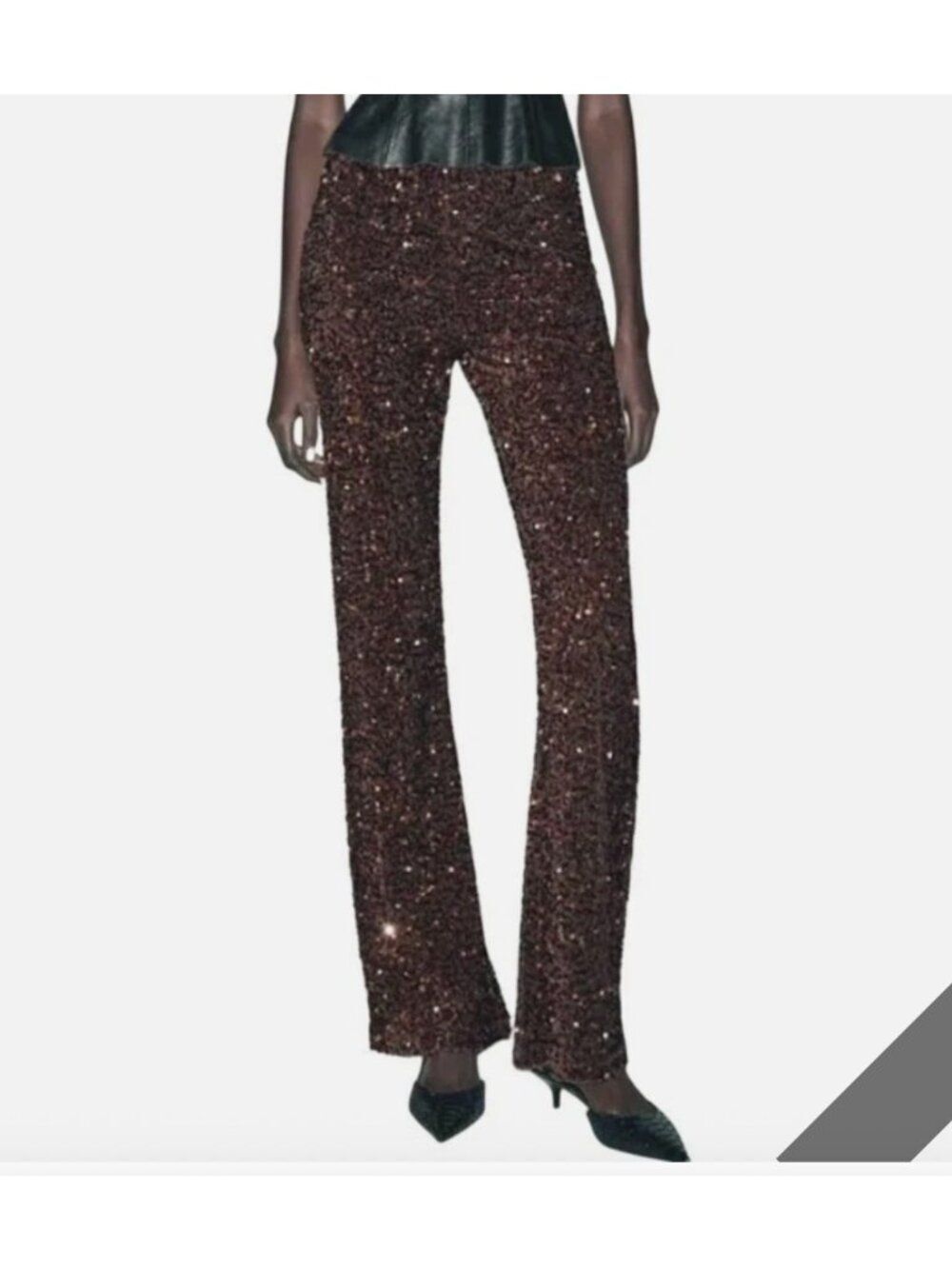 Zara Womens Blogger Pants XS Brown Sequin Embellished Flare Fit 9860/500 NWT